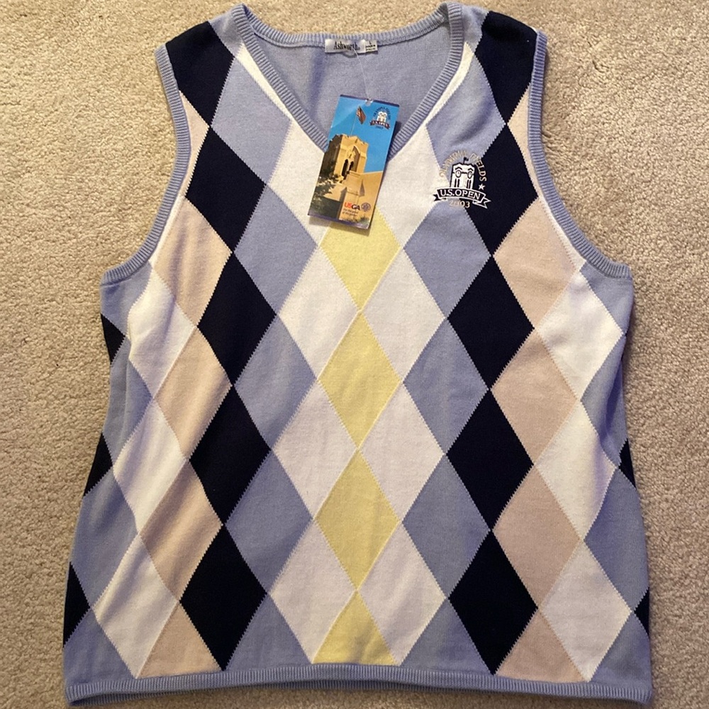 Ashworth Argyle Knit Vest in Light Blue, Navy, Yellow & Cream